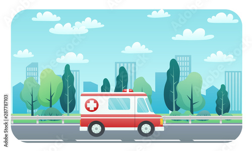 Ambulance driving on the road to the hospital. Background of city and trees landscape. Medical concept flat design. Vector illustration.