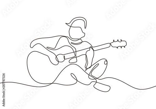 Continuous one line drawing of person playing acoustic guitar instrument. Guy sit and relax play song to make him happy in leisure time.