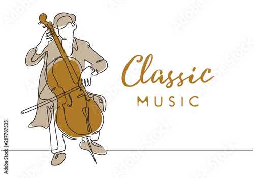 Classic music poster background with cello music player vintage minimalism style of continuous one line drawing vector illustration. Young man playing classical songs on the stage.