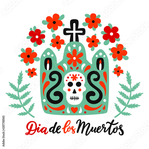 Mexican style ornate tomb illustration with cross, skull, flourishes, red flowers and green leaves. Day of the Dead hand drawn lettering inscription in spanish language. EPS 10 vector.