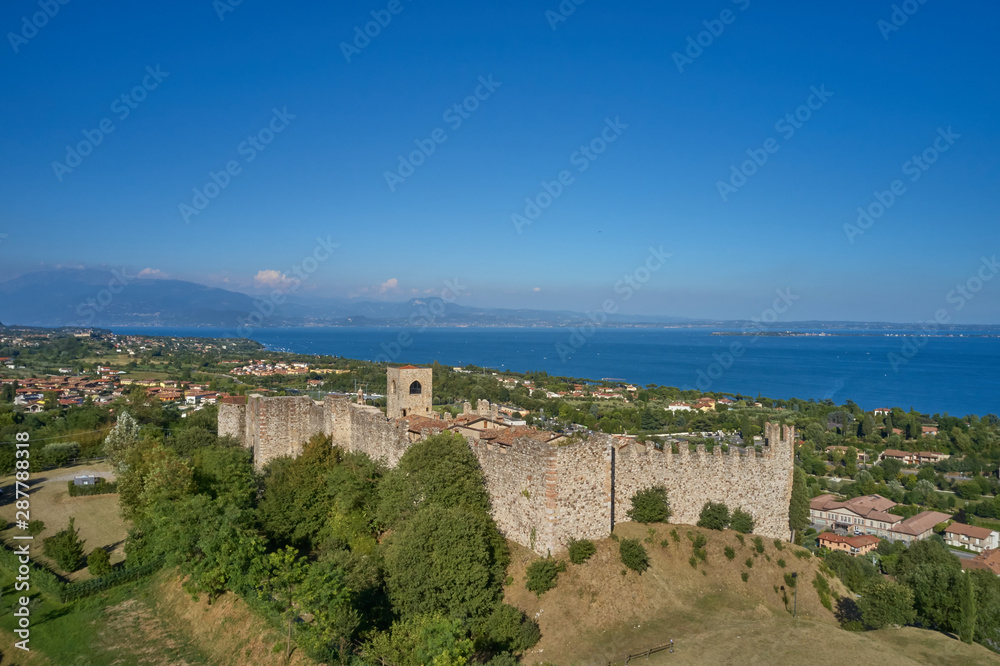 Aerial photography with drone. Padenghe Castle, Garda laky-Italy.