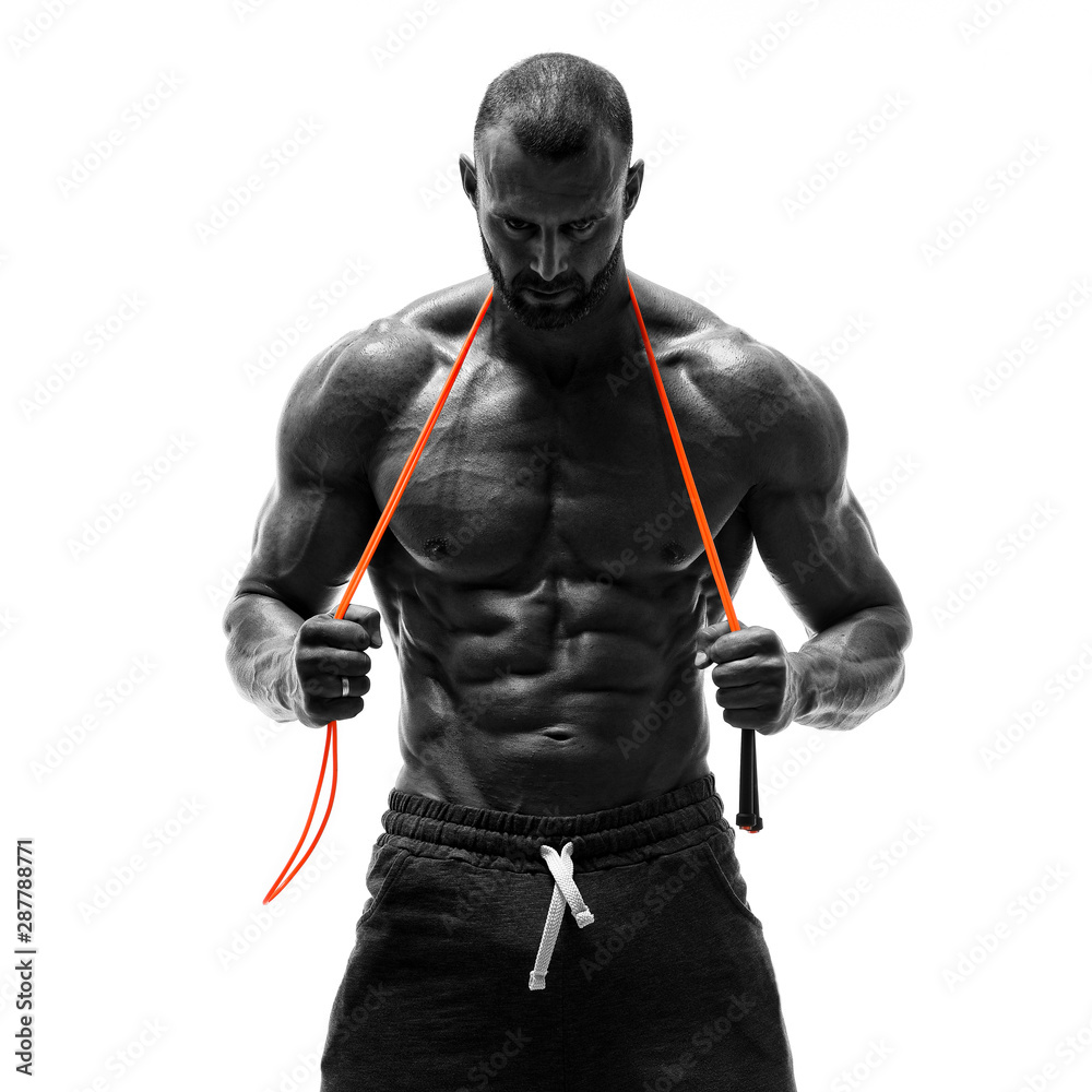 Handsome Athletic Man Posing With Jump , Skipping Rope - obrazy, fototapety, plakaty 