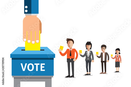 People putting voting paper in the ballot box for design.