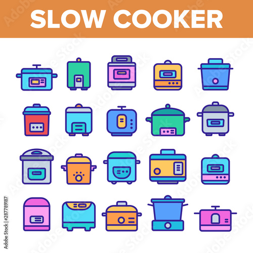 Slow Cooker Elements Collection Vector Icons Set Thin Line. Different Cooker Kitchenware Concept Linear Pictograms. Modern Cooking Food Equipment And Gadgets Monochrome Contour Illustrations