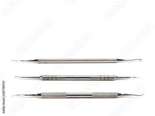 Dental tools on white background with copy space