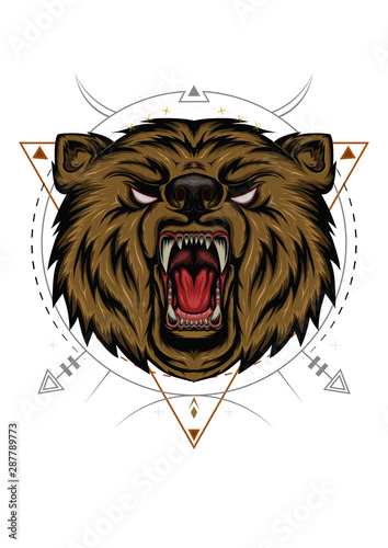 BEAR HEAD ILLUSTRATION, angry bear mascot. Furious angry face of terrible bear with open mouth and terrible teeth as symbol of strength and aggressiveness.