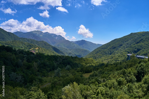 Aerial photography. Panoramic view of the Alps north of Italy. Trento Region, San Lorenzo Dorsino. Great trip to the Alps