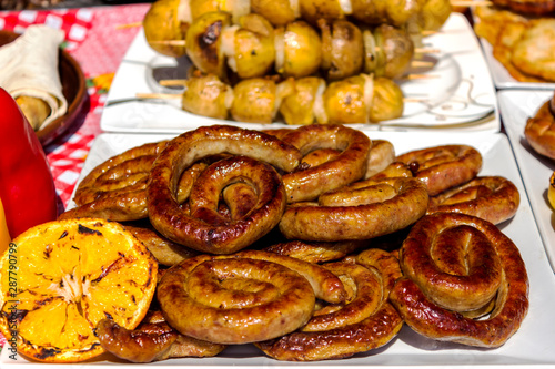Delicious grilled sausages. Background of sausages.