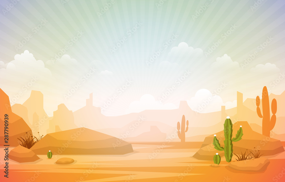 Fototapeta premium Beautiful Western Desert Landscape with Sky Rock Cliff Mountain Vector Illustration