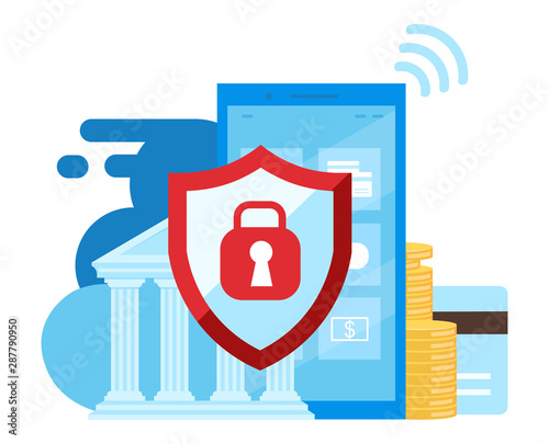 Mobile banking security flat illustration. High protection financial transactions cartoon concept. Ewallet, ebanking app. Smartphone safety and data security isolated metaphor on white background