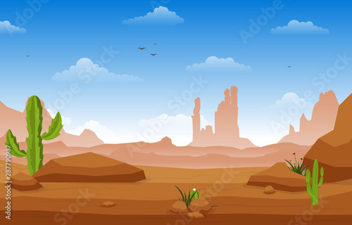 Beautiful Western Desert Landscape with Sky Rock Cliff Mountain Vector Illustration
