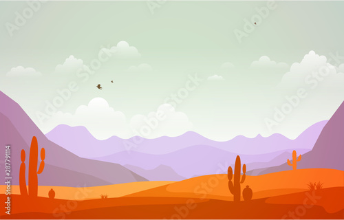 Beautiful Western Desert Landscape with Sky Rock Cliff Mountain Vector Illustration
