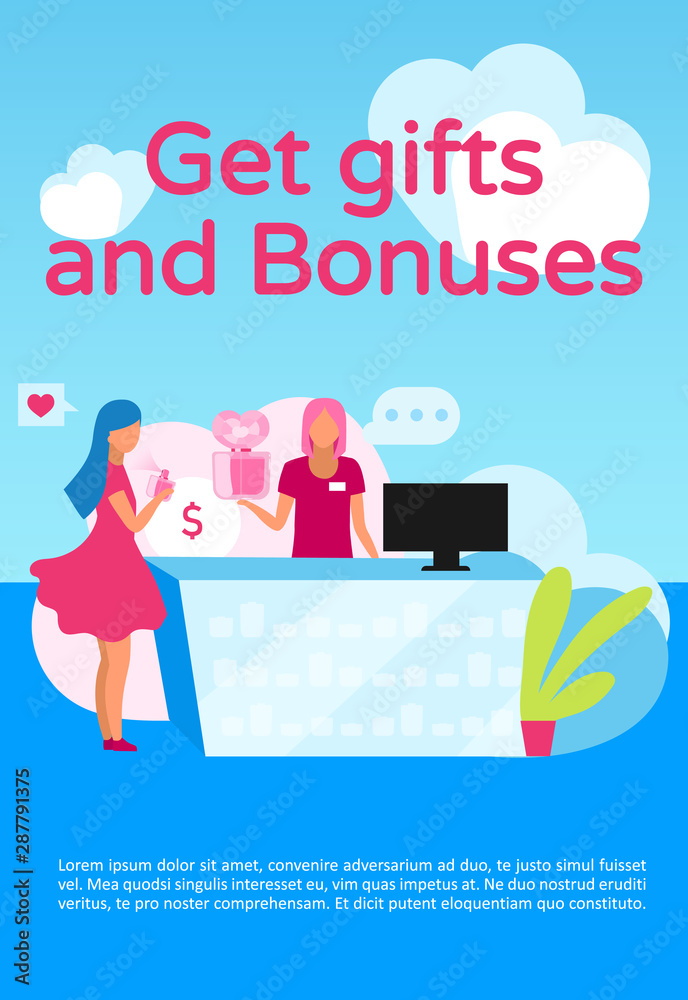 Get gifts and bonuses poster vector template. Store loyalty, membership program. Brochure, cover, booklet page concept design with flat illustrations. Advertising flyer, leaflet, banner layout idea Get gifts and bonuses poster vector template. Store loyalty, membership program. Brochure, cover, booklet page concept design with flat illustrations. Advertising flyer, leaflet, banner layout idea