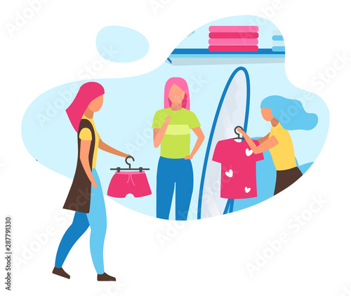 Shopping with friends flat concept icon Choosing clothes with assistant. Fashion mall, boutique. Trying on outfits at clothing store sticker, clipart. Isolated cartoon illustration on white background