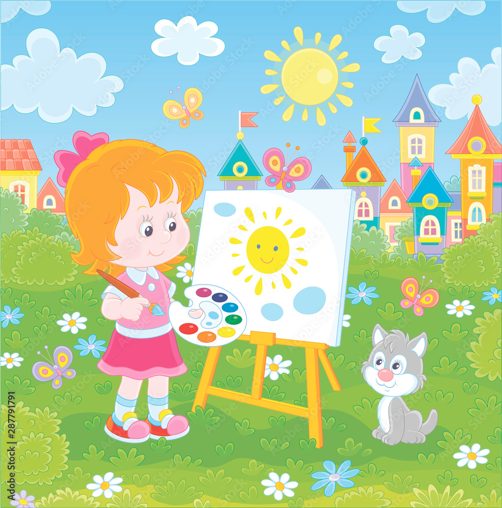 Cute happily smiling little girl drawing the sun and clouds with paints on her easel in a green summer park of a pretty small town on a wonderful sunny day, vector illustration in a cartoon style Cute happily smiling little girl drawing the sun and clouds with paints on her easel in a green summer park of a pretty small town on a wonderful sunny day, vector illustration in a cartoon style