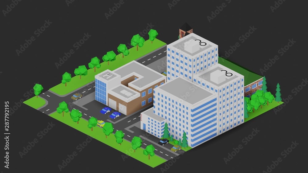 3d isometric three-dimensional view of the city, building, car, park, industrial.