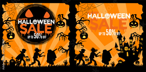 Halloween Sale special offer template with paper cut style holiday shopping. Vector illustration.