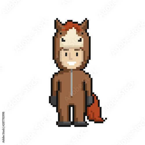 Сute cartoon kid in horse costume. Pixel art on white background. Vector illustration.