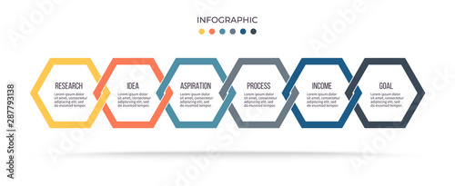 Business process. Infographic with 6 steps, options, hexagons. Vector template.