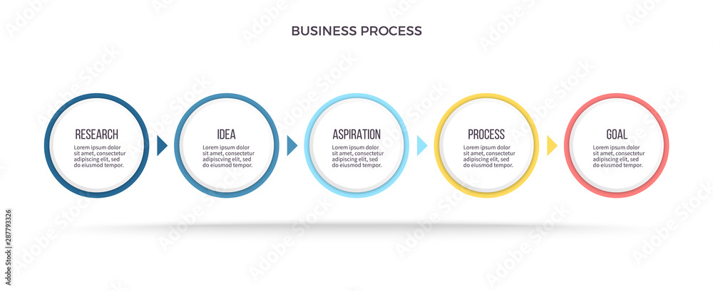 Business infographics. Timeline with 5 steps, options, circles. Vector template.