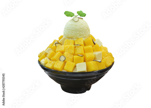 Korean shaved ice cream dessert with sweet toppings, Mango Bingsu or Bingsoo with fresh milk and whipping cream in korea style on cup.