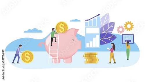 People put money in a piggy bank. Business concept of money saving. Vector flat illustration for design.