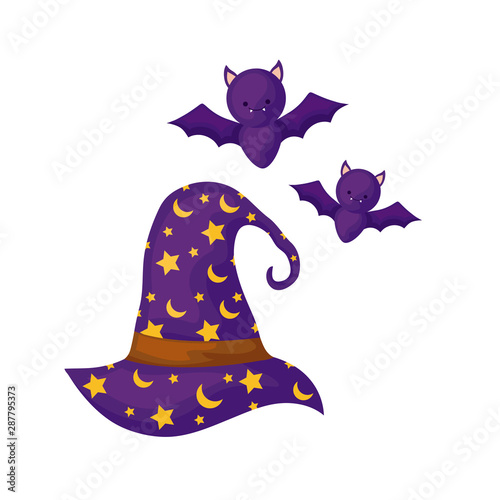 wizard hat with bats flying isolated icon