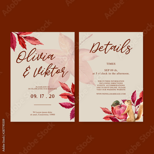 Photo Wedding Invitation watercolour design with simple Autumn theme, green warm vecto