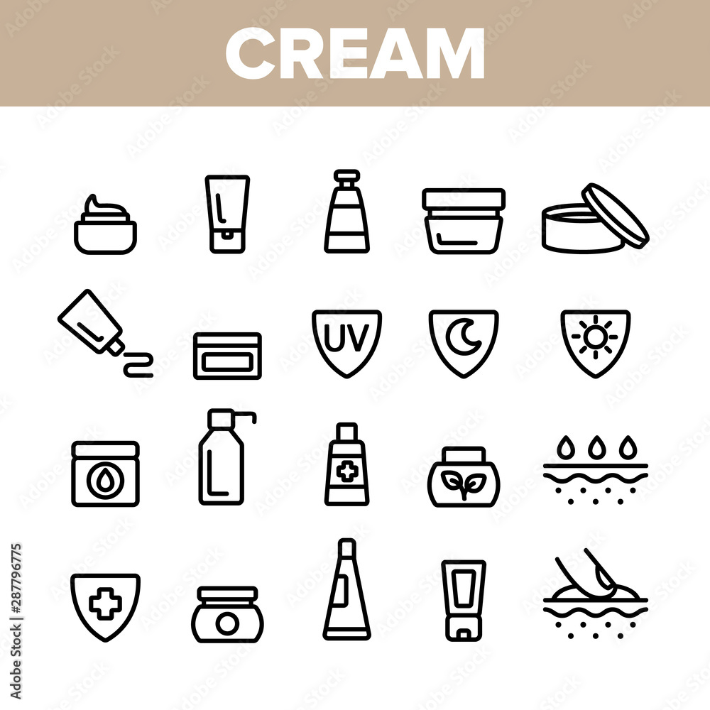 Collection Healthy Cream Elements Vector Icons Set Thin Line. Healthcare Cream In Tube And Container Concept Linear Pictograms. Day And Night Skin Protection Monochrome Contour Illustrations Collection Healthy Cream Elements Vector Icons Set Thin Line. Healthcare Cream In Tube And Container Concept Linear Pictograms. Day And Night Skin Protection Monochrome Contour Illustrations
