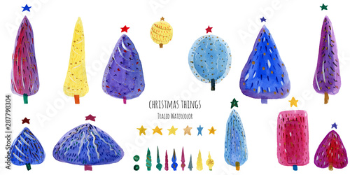 New Year Trees watercolor bundle