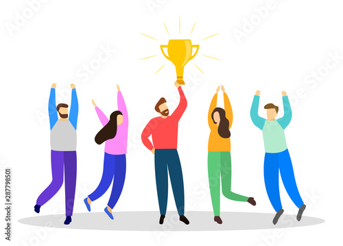 Winner with a cup, and rejoicing people. Success. Flat style