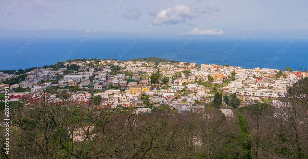 Aerial view of Anacapri town in summer season, Capri island, Italy.