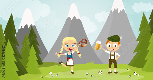 Oktoberfest man and woman with beer and pretzel