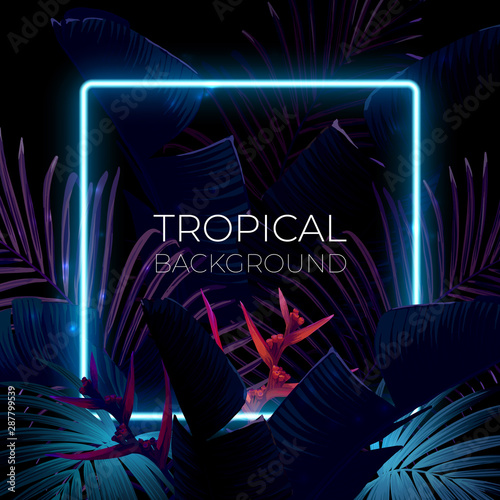 Dark blue and violet tropical party design with palm leaves and neon light. Summer night vector illustration.