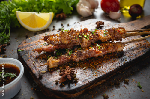 Photography BBQ grill cooked with hot spicy Sichuan pepper sauce Is a Chinese herb
