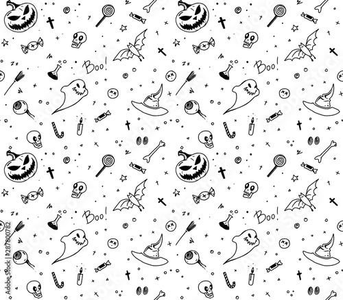 Hand drawn black and white Halloween seamless pattern design for card, fabric or wrapping paper with jack o lantern pumpkins, traditional symbols and handlettering. Vector illustration.