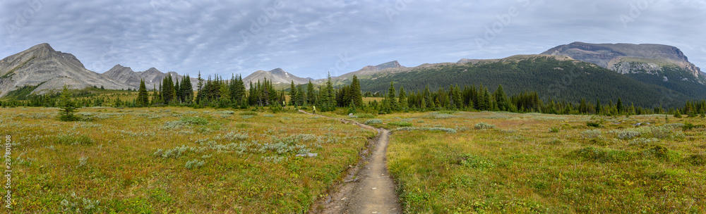 Hiking trail through a panoramic Rocky Mountain landscape with a white clouds, mountains and hills. Hiking trail through a panoramic Rocky Mountain landscape with a white clouds, mountains and hills.