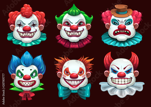 Creepy clown faces set. Scary circus concept. Vector illustration