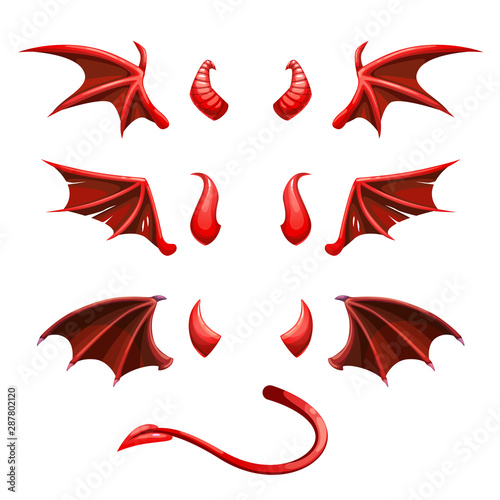 Devil tail, horns and wings. Demonic red elements for the photo decoration.