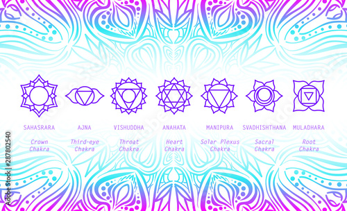 Basic human chakra system. 7 chakras. Set of seven chakra symbols of human body. Root, Navel, Solar plexus, Heart, Throat, Third eye, Crown