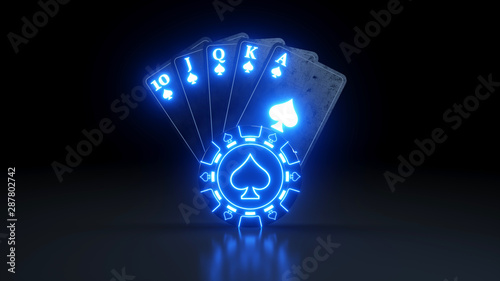 Online Casino Royal Flush in Spades Poker Cards With Neon Lights Isolated On The Black Background - 3D Illustration