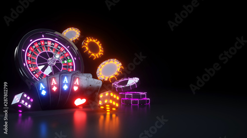 Fotografia 4 Aces Casino Gambling Concept Poker Cards and Roulette Wheel - 3D Illustration