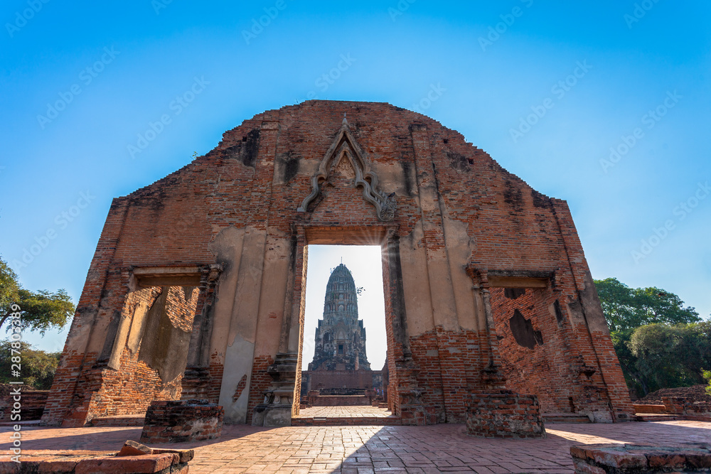 Naklejka premium Wat Ratchaburana was built following Khmer design concepts. .Its design resembles the early mountain temples of Angkor.. The monastery faces East.Wat Ratchaburana is in the Ayutthaya Historical Park.