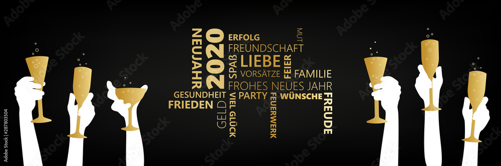 Wünsche und Vorsätze Banner Jahr 2020 Sektgläser Hände