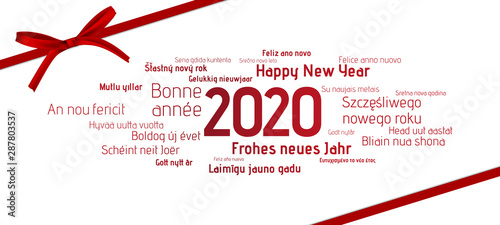 rote Geschenkschleife - 2019 Happy New Year in verschiedenen Sprachen 2020 photo