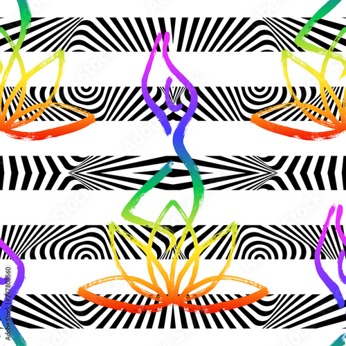 Seamless floral pattern background with tropical lotus flower, Yoga tree pose vector background. Perfect for wallpapers, pattern fills, web page backgrounds, surface textures, textile