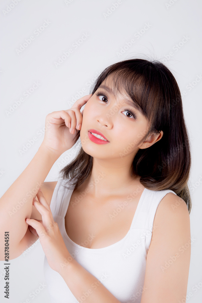 Beautiful woman asian makeup of cosmetic, beauty asia girl hand touch cheek and smile attractive, face of beauty perfect with wellness isolated on white background with skin healthcare concept. Beautiful woman asian makeup of cosmetic, beauty asia girl hand touch cheek and smile attractive, face of beauty perfect with wellness isolated on white background with skin healthcare concept.