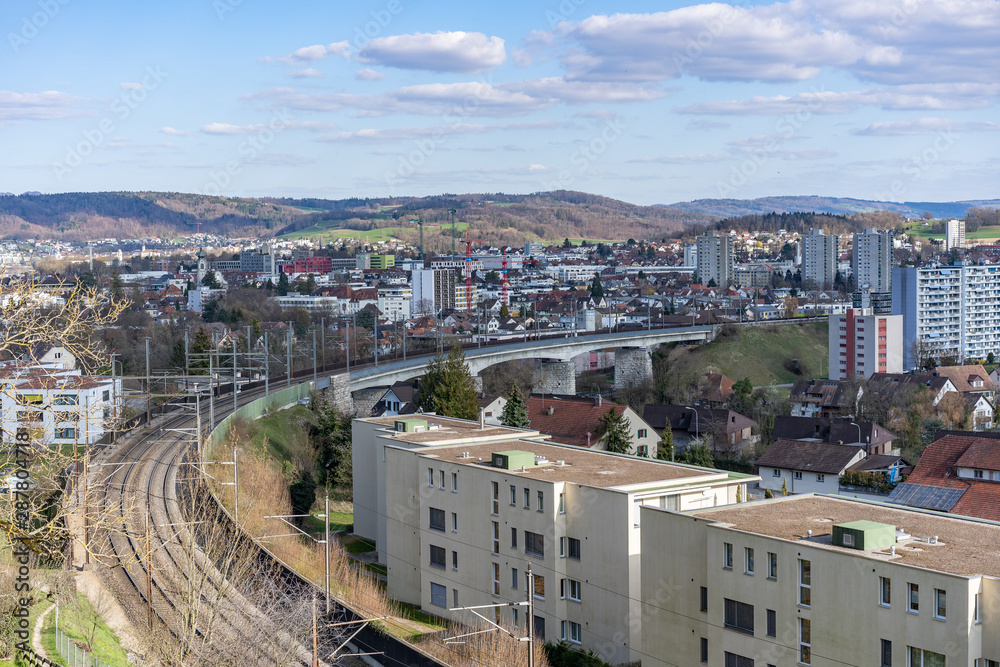Fototapeta premium Aare Bridge and viaduct with view over Umiken to Brugg . Aerial panoramic view.