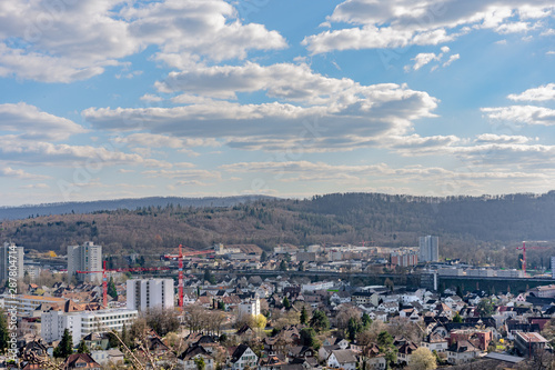 Cityscape of Brugg West with industry and the dam. Aerial panoramic view. photo