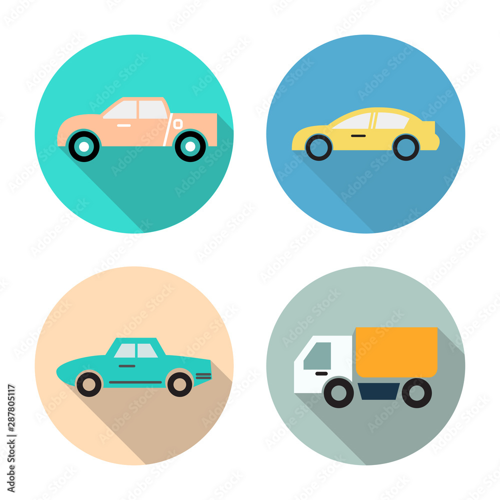 flat icon set for transportation,car,truck,pickup truck,vintage car in circle background,vector illustrations